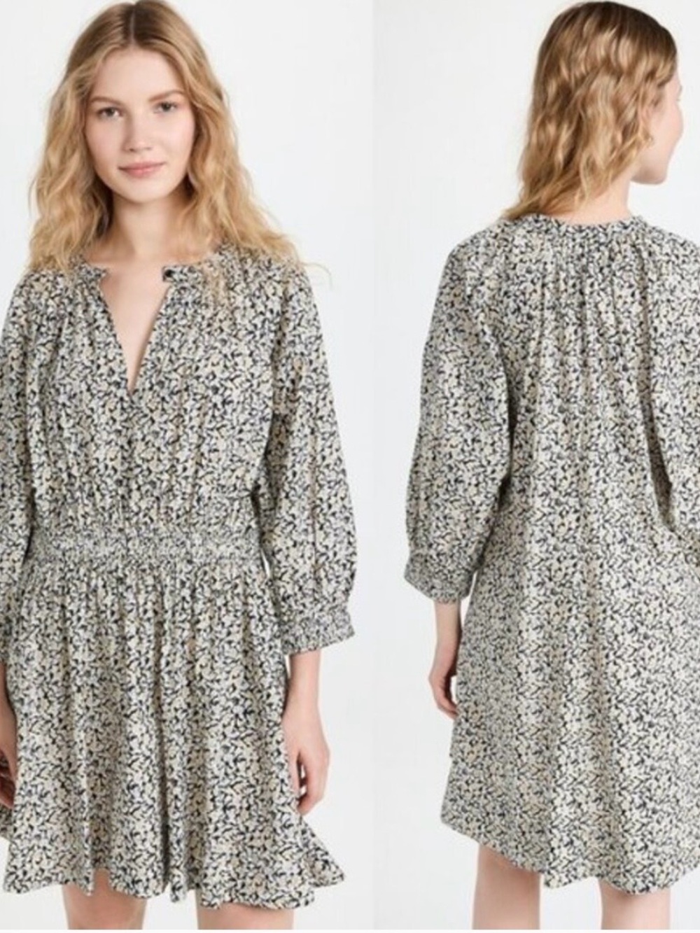 Apiece Apart Black & Cream Floral Smocked Mini Dress